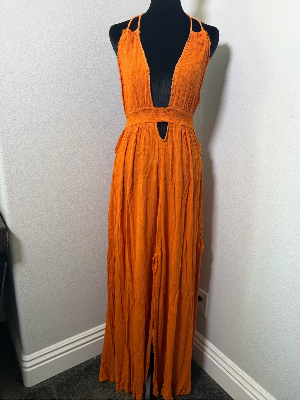 Free People Frayed Orange Look Into the Sun Maxi Dress Halter Bohemian Boho - Picture 2 of 16